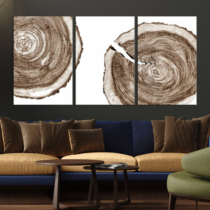 Wood Tree Ring Wall Art on a minimalist black and white canvas.