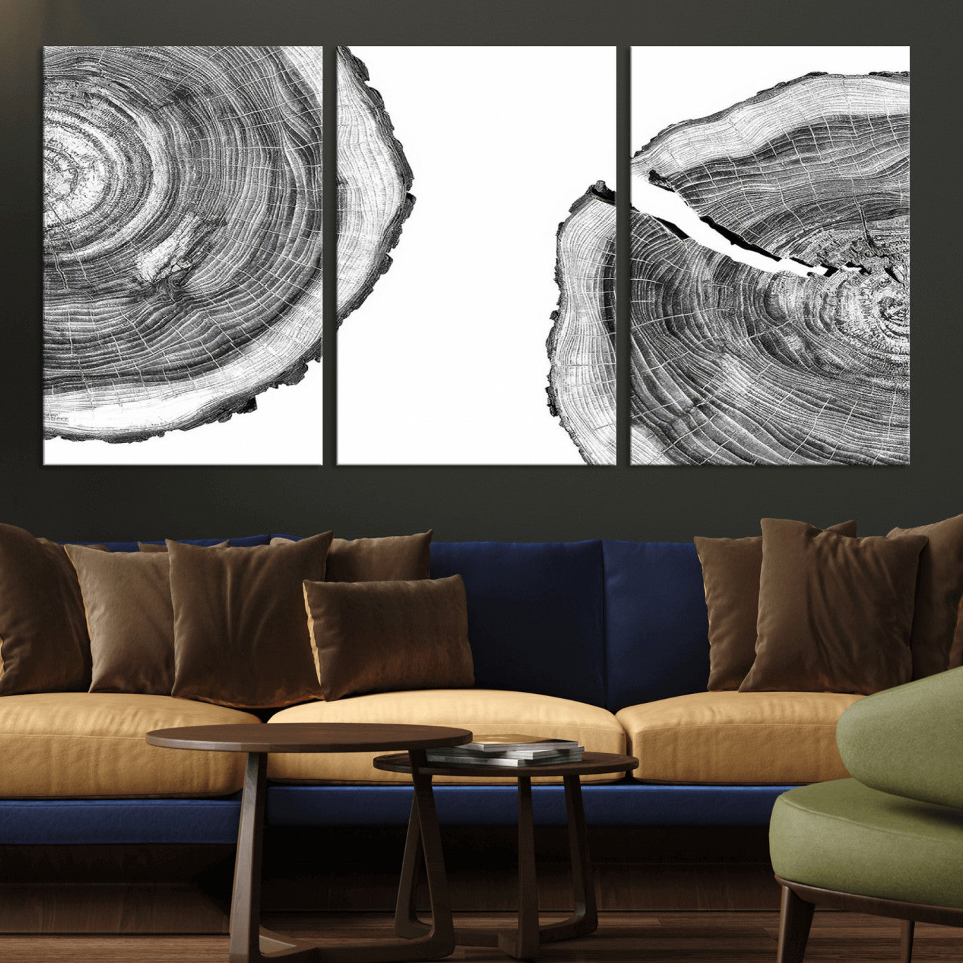 MGV-CV-60X30-3P - Abstract Large Tree Rings – Minimalist Black and White Wood Art | Triptych Canvas, Modern Wall Decor