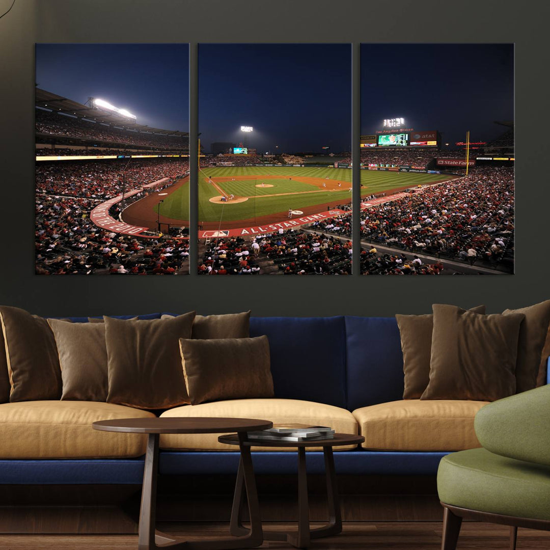 Aerial view of an LA Angels game at night, captured as stunning wall art on premium canvas, handmade in the USA.