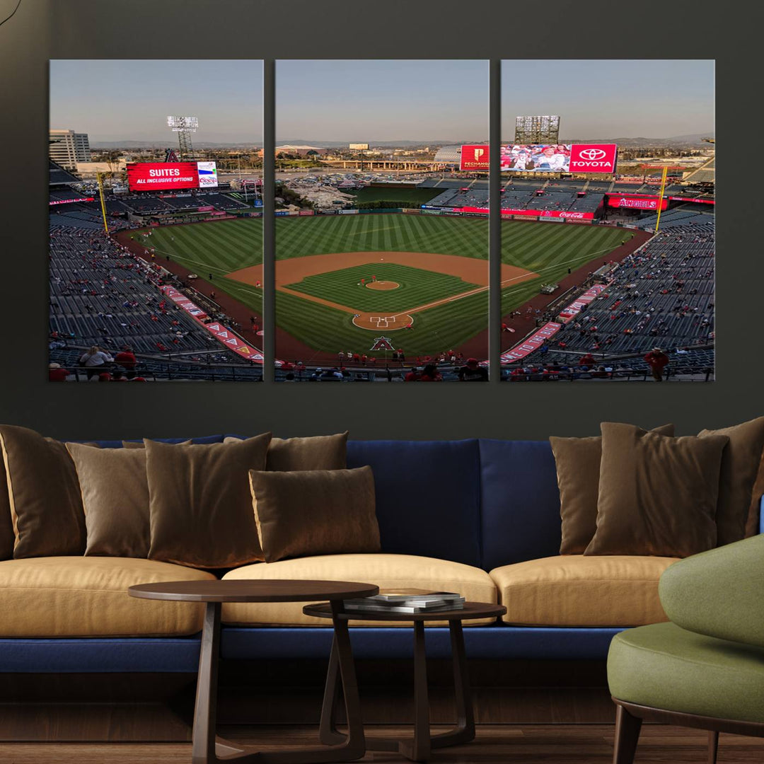 Aerial view of Angel Stadium, perfect as gallery-quality wall art - Los Angeles Angels Canvas Print.