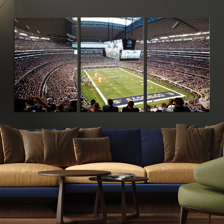 The wall art is a Dallas Cowboys AT&T Stadium Canvas Print, showcasing the iconic logo.