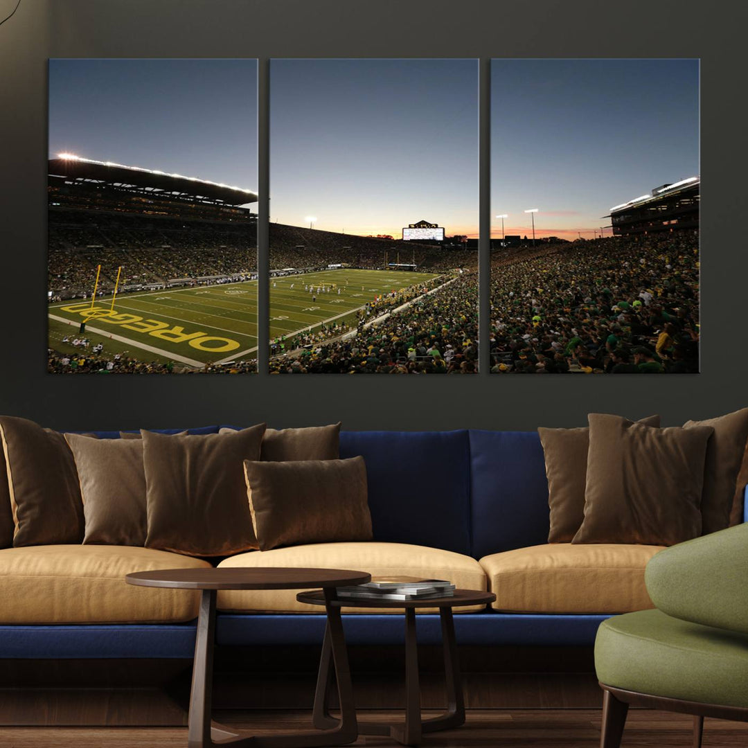 Canvas artwork depicting an Oregon Ducks football game at Autzen Stadium, capturing a sunset and packed stands.