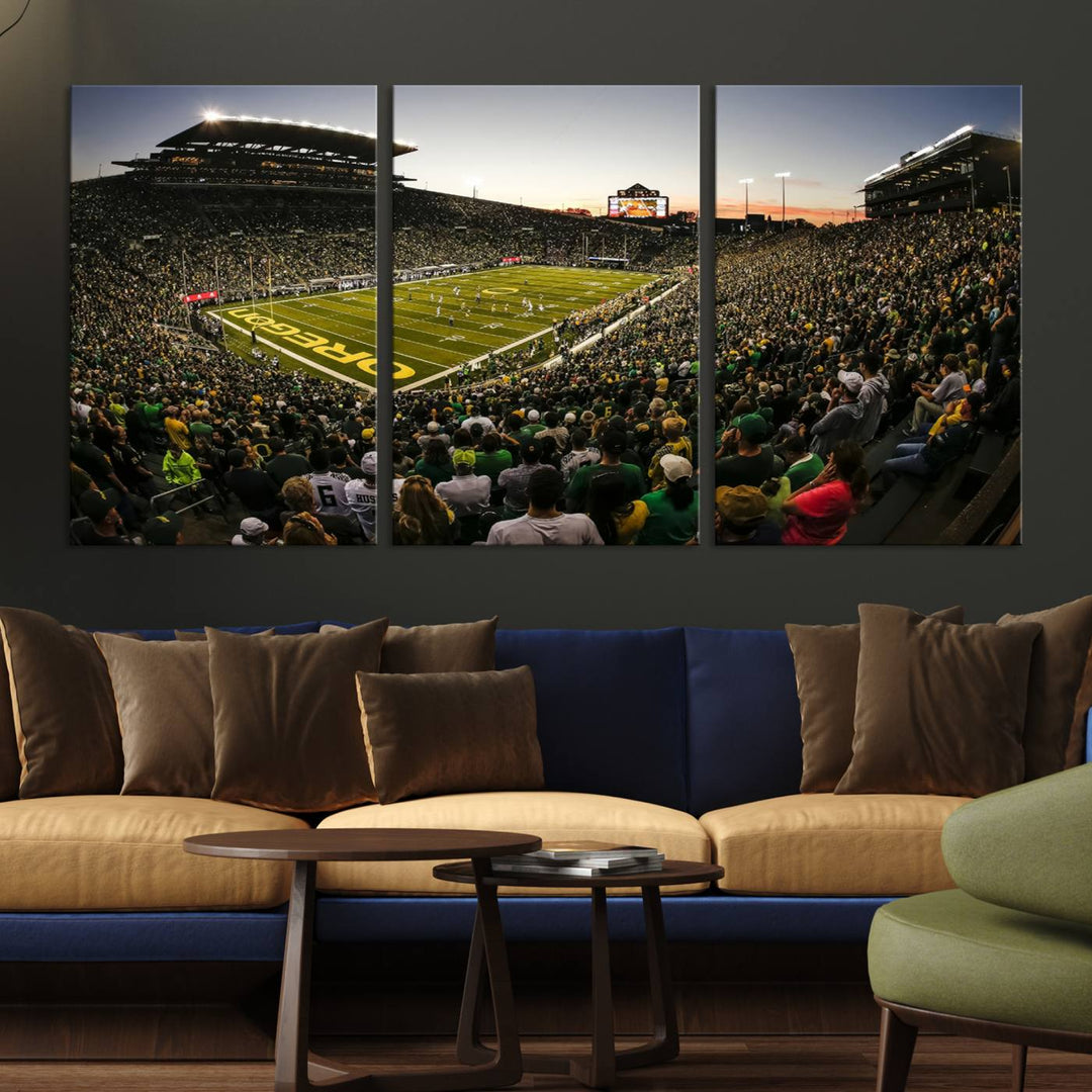 Autzen Stadium Evening Game Triple Canvas Wall Art - Oregon Ducks Football Match