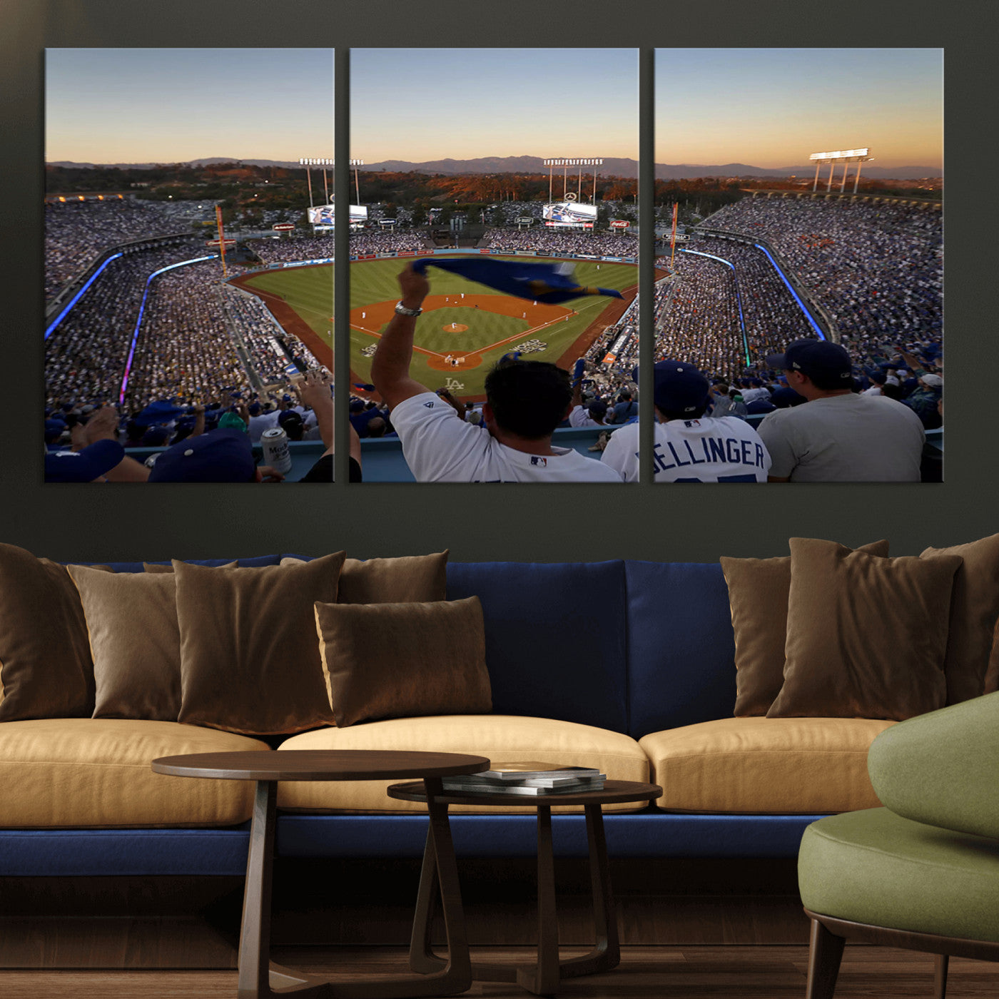 MGV-CV-60X30-3P - Dodger Stadium Sunset Game Triple Canvas Wall Art - Los Angeles Dodgers MLB Match
