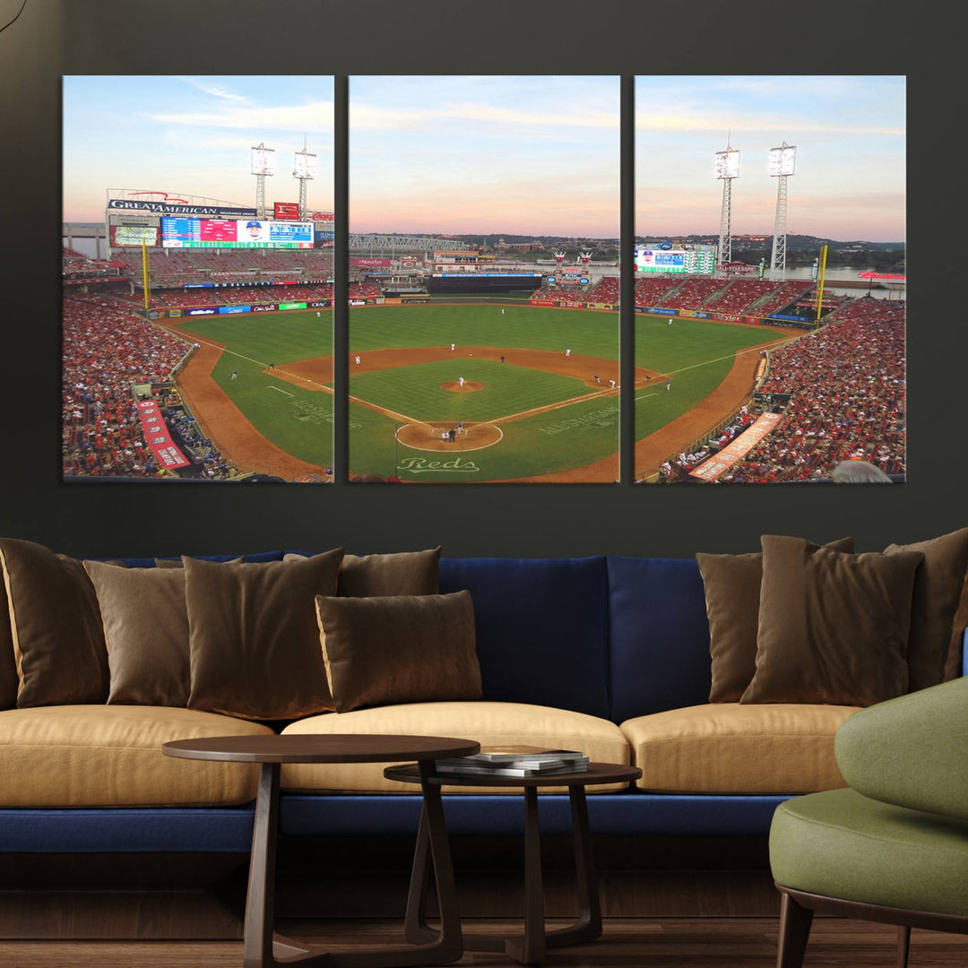 Cincinnati Reds game at sunset: Stadium wall art canvas.