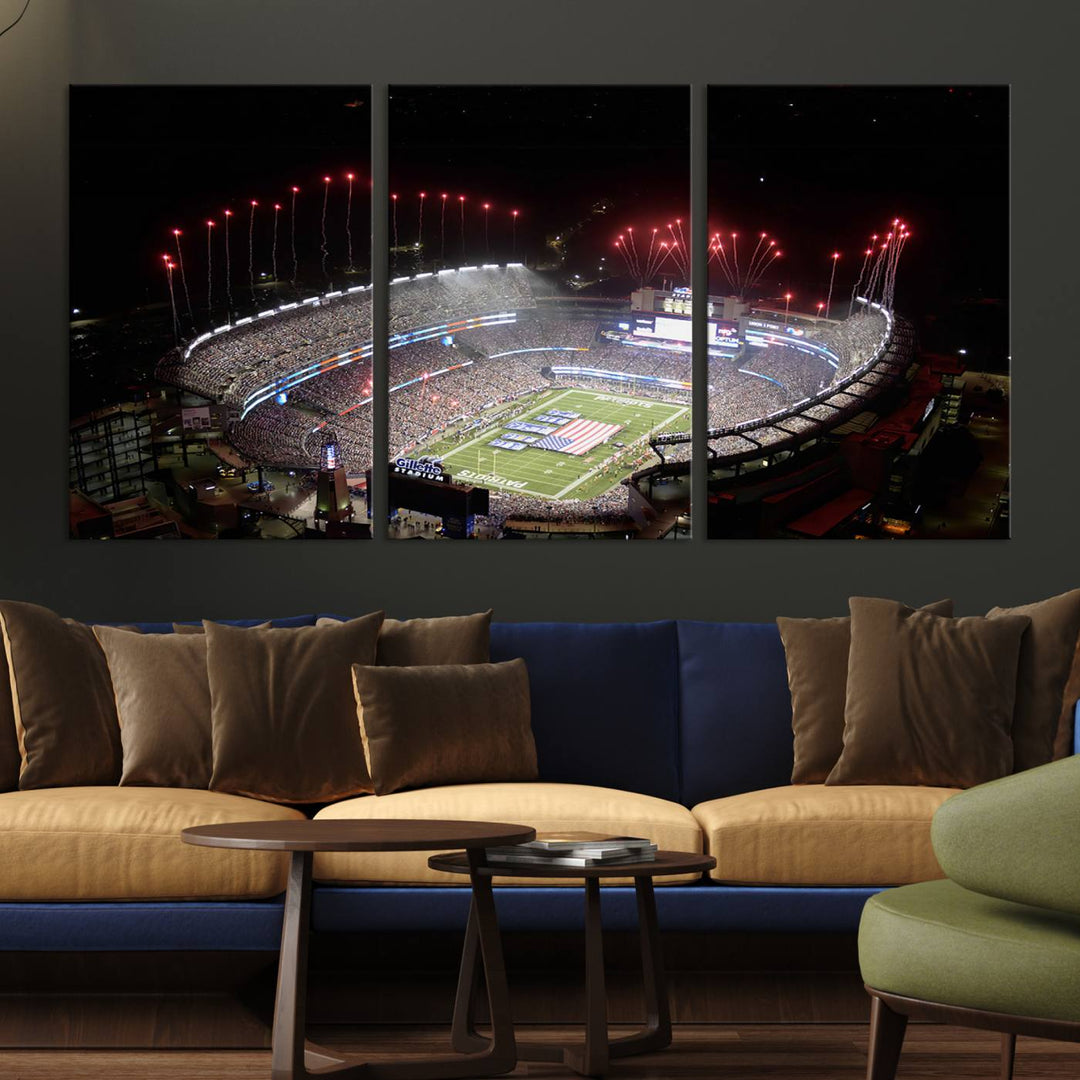 Aerial view of Gillette Stadium with fireworks and flag—ideal for a New England Patriots canvas print.