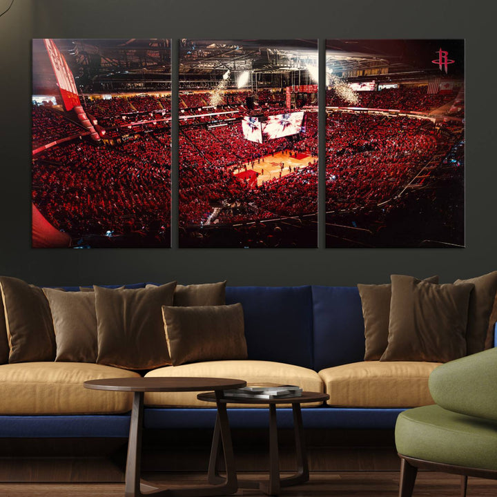 A crowded basketball arena with red lighting hosts a Houston Rockets game.