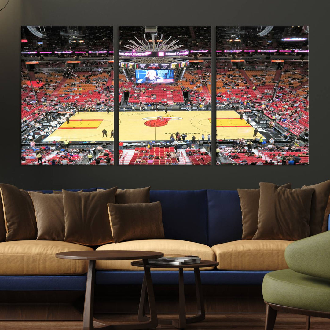 A Miami Heat Basketball Print showcases Kaseya Center Stadium Wall Art with a grand scoreboard.