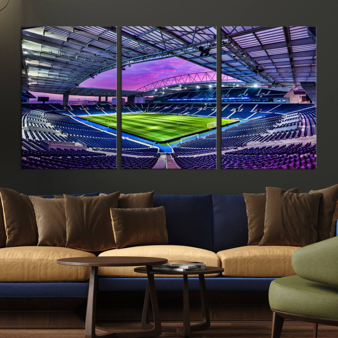 The FC Porto Soccer Team Dragon Stadium Wall Art Canvas Print decorates the room.