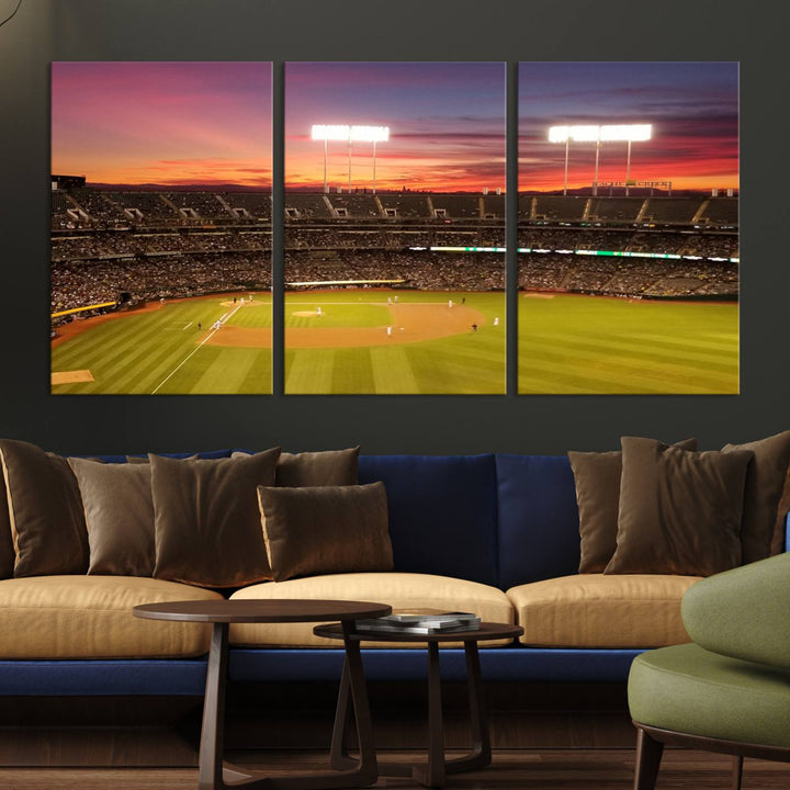 The Oakland Coliseum print is a museum-quality canvas depicting a full crowd and a sunset.