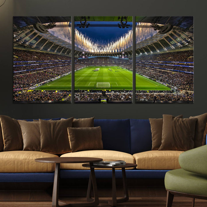 A stunning Tottenham Hotspur Stadium wall art captures the energy of a stadium packed with fans and vibrant lights.