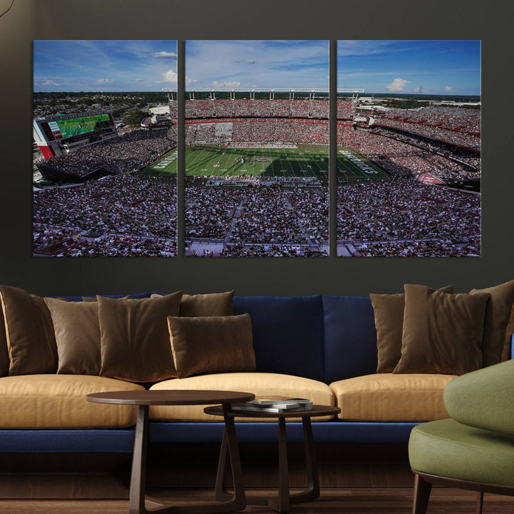 The wall art is a South Carolina Gamecocks print, showcasing Williams-Brice Stadium from a distance under clear skies.