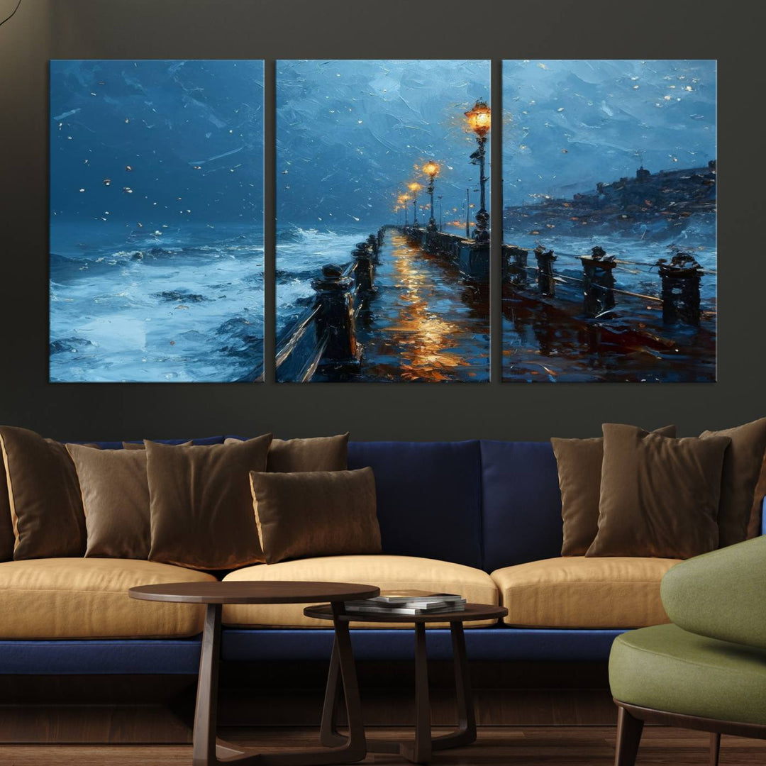 Framed 3-Panel Seaside Night Pier Oil Painting Canvas Wall Art | Ready to Hang Coastal Landscape Art for Modern Living Room, Office, or Bedroom Decor