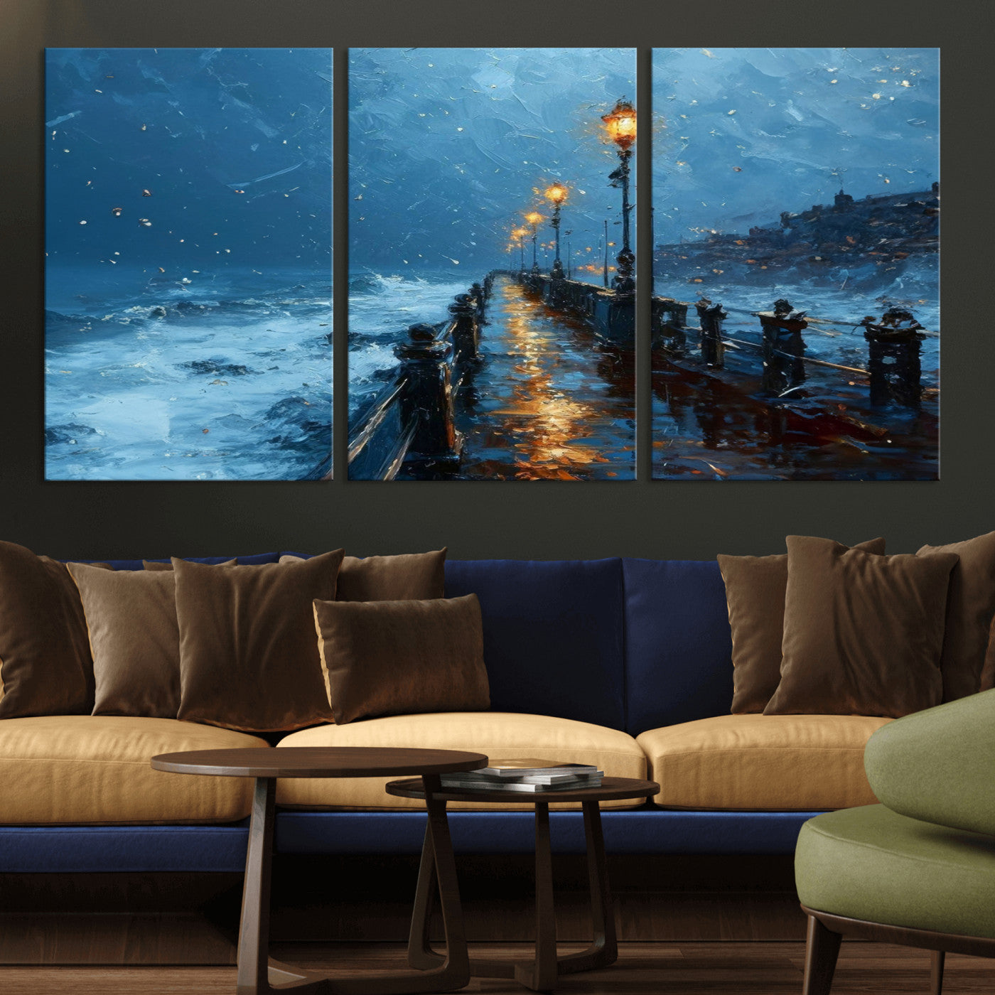 MGV-CV-60X30-3P - Stormy Night at Beach Pier Oil Painting Large Wall Art Print, Framed Canvas Nature Wall Decor,