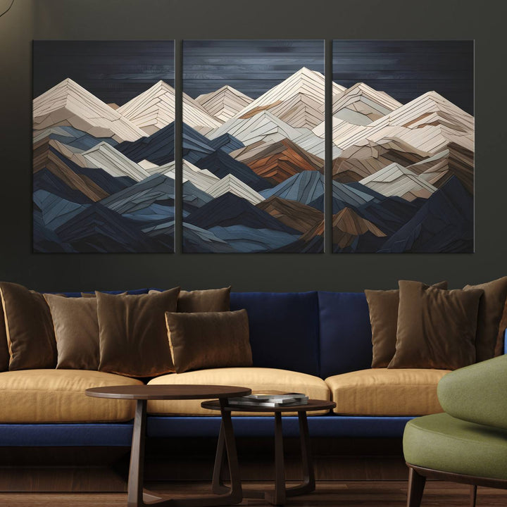 Wood Style Mountain Range Wall Art - Ready to Hang 3-Piece Set for Modern Rustic Decor, Abstract Wooden Design for Living Rooms, Bedrooms & Offices