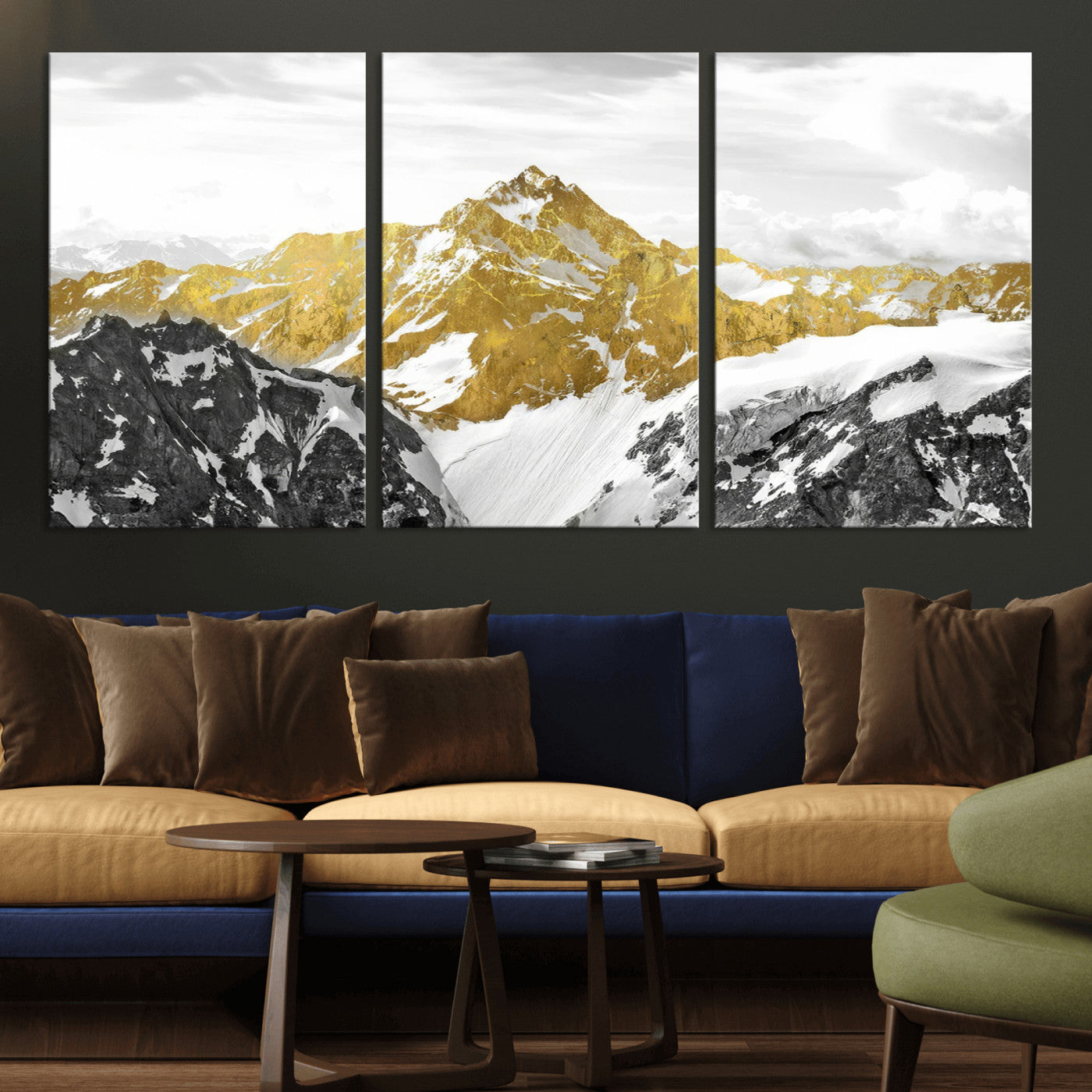 MGV-CV-60X30-3P - Gold Abstract Mountains Wall Art Print on Canvas, Nature Wall Art Print,