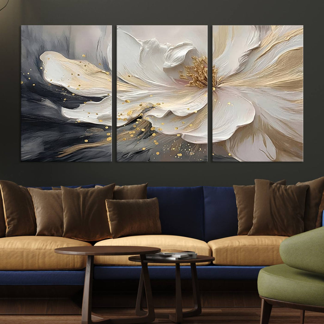 The abstract floral wall art canvas print features a large flower with gold accents.