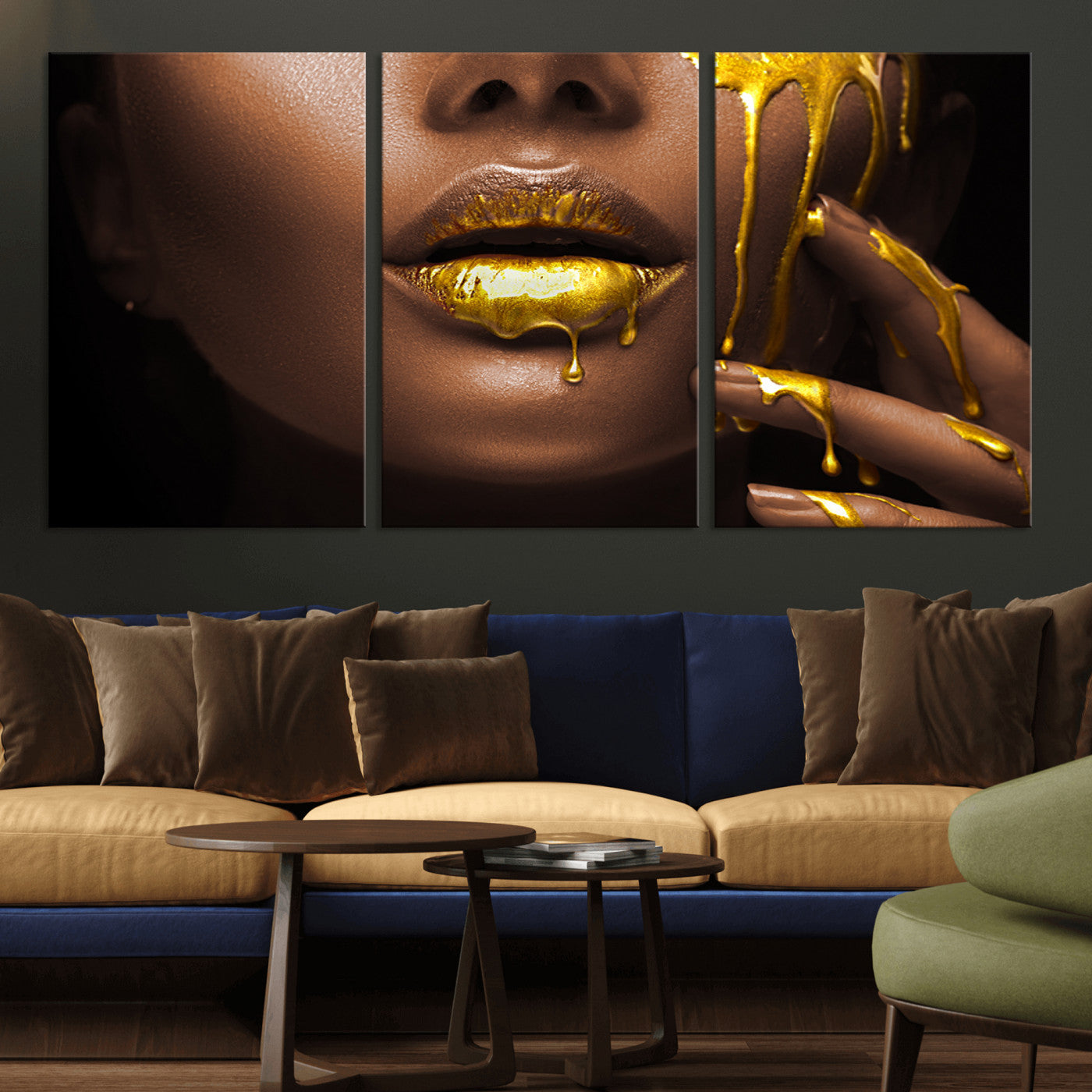MGV-CV-60X30-3P - African American Art Black Woman Canvas Print, African Wall Art, Fashion African Woman Gold Lips
