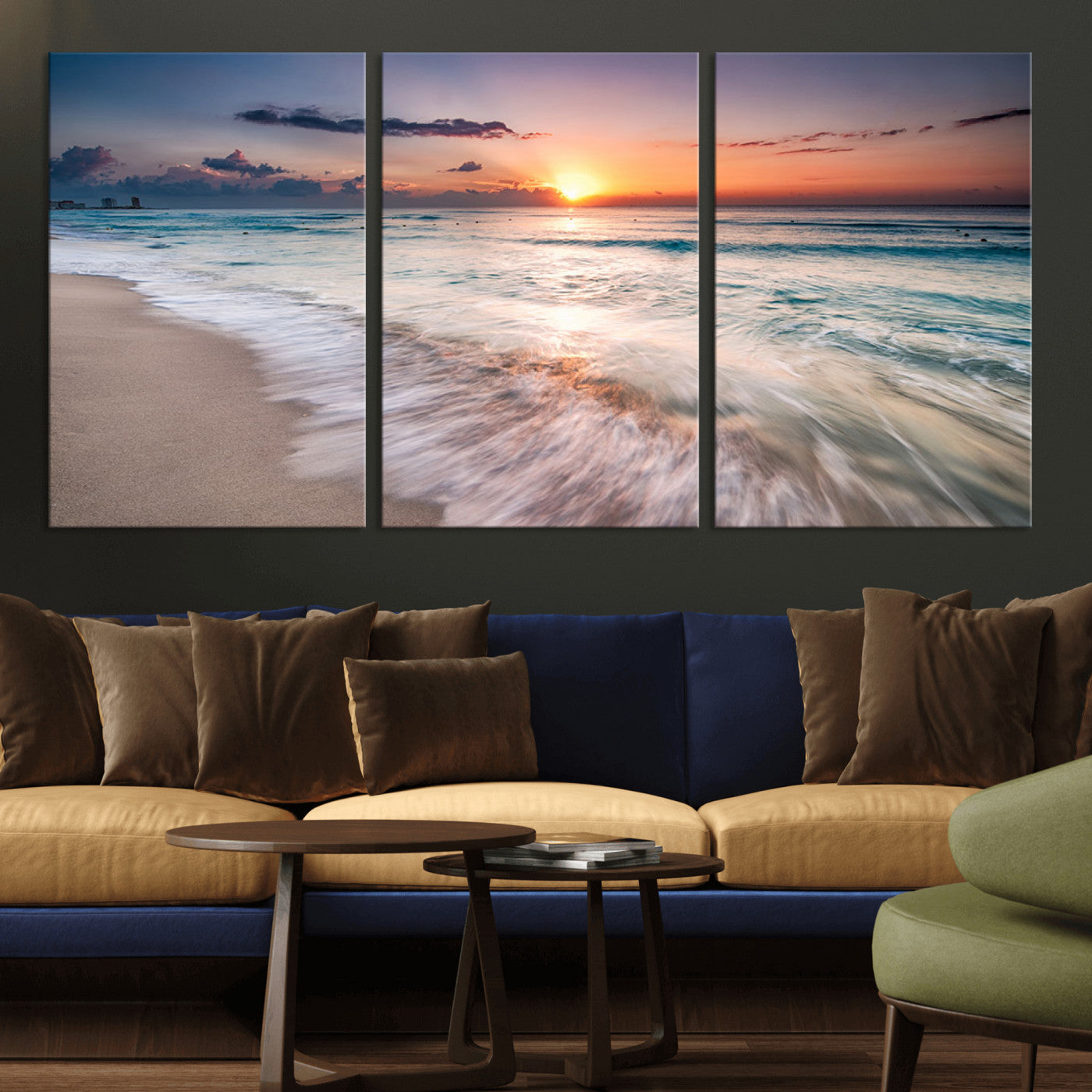 MGV-CV-60X30-3P - Sunset Beach Wall Art – Soothing Coastal Landscape, Ready to Hang for Tranquil Home Decor