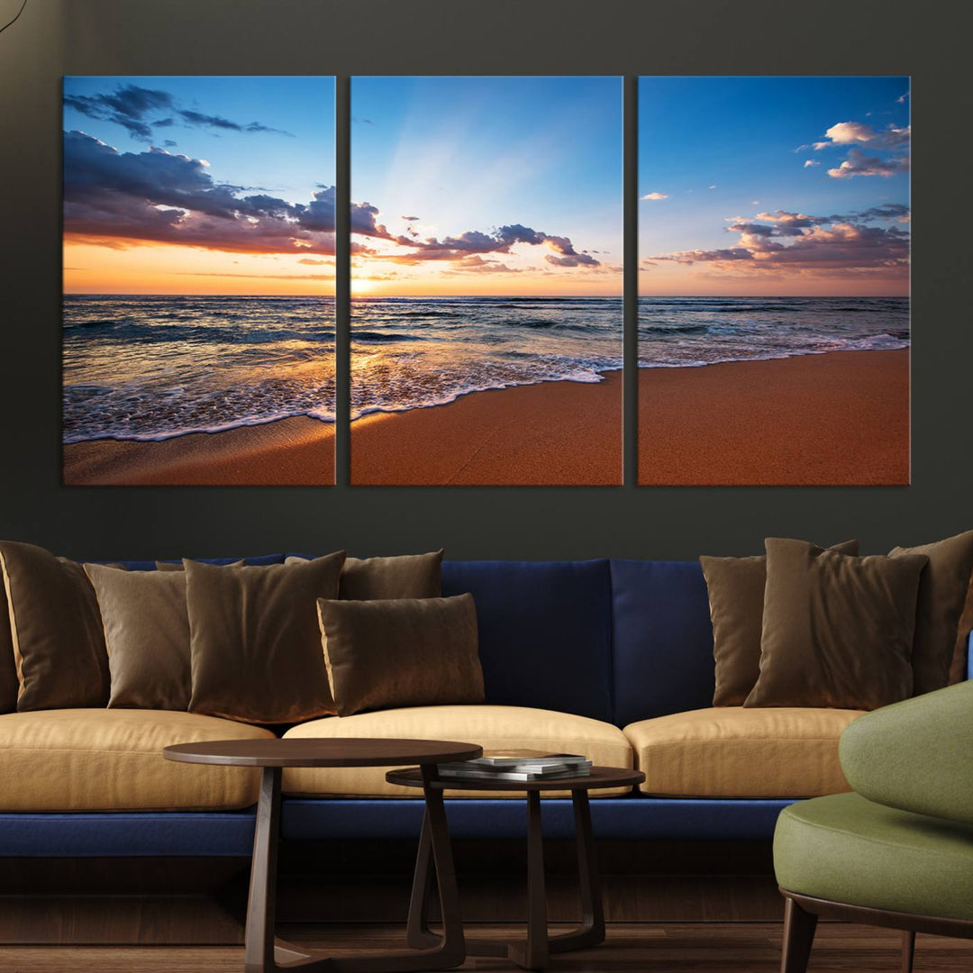 Golden Hour Beach Sunset Wall Art | Canvas Print | Ready to Hang | Coastal Wall Art for Living Room