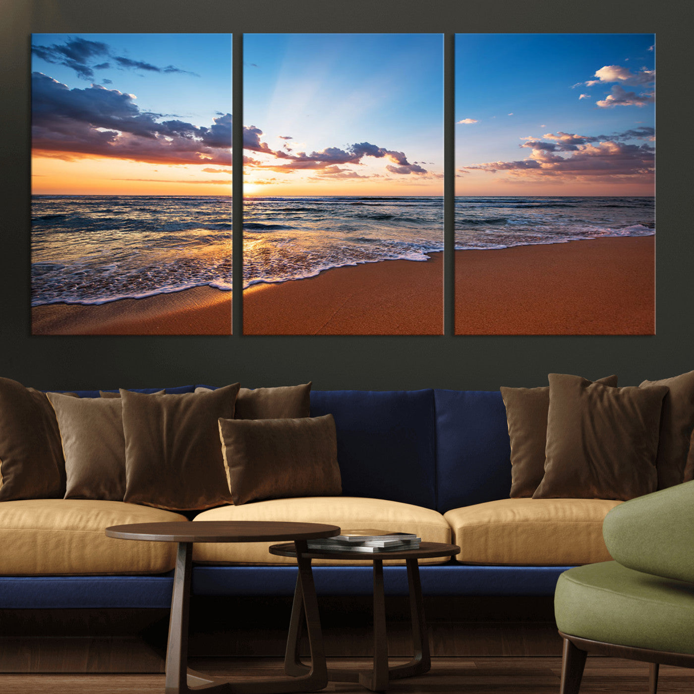MGV-CV-60X30-3P - Golden Hour Beach Sunset Wall Art | Canvas Print | Ready to Hang | Coastal Wall Art for Living Room