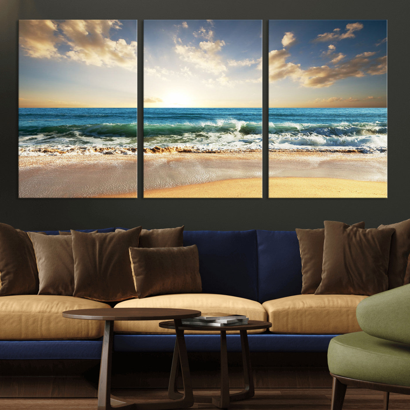 MGV-CV-60X30-3P - Golden Sunset Beach Triptych Canvas Wall Art for Living Room – 3-Panel Ocean View, Framed & Ready to