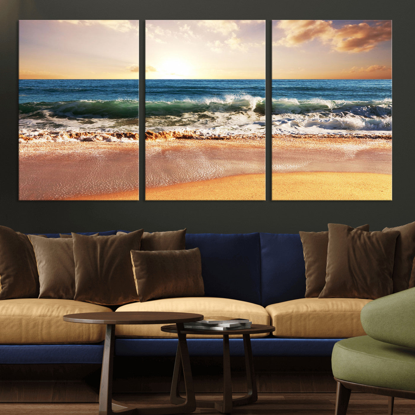 MGV-CV-60X30-3P - Sunset Beach Wall Art - 3-Panel Framed Canvas Print, Ready to Hang Ocean Sunset for Coastal and