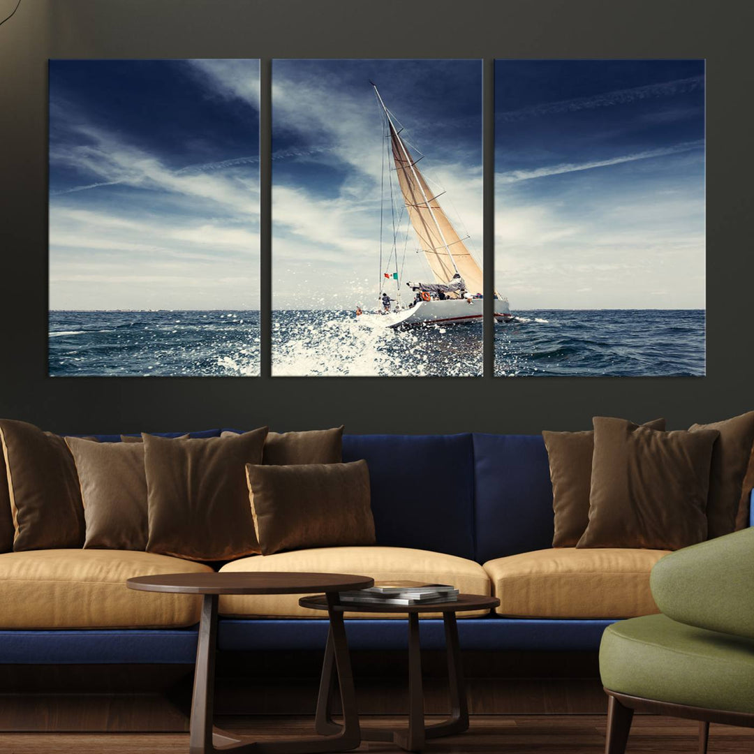 Sailboat Ocean Beach Blue Sky Wall Art Canvas Print