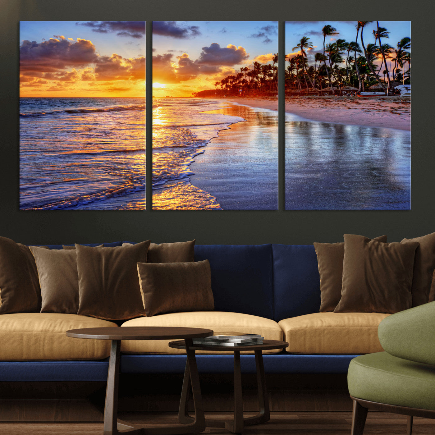 MGV-CV-60X30-3P - Serene Beach Sunset Wall Art Canvas- Coastal Seascape Print for Living Room or Bedroom, Ocean Waves