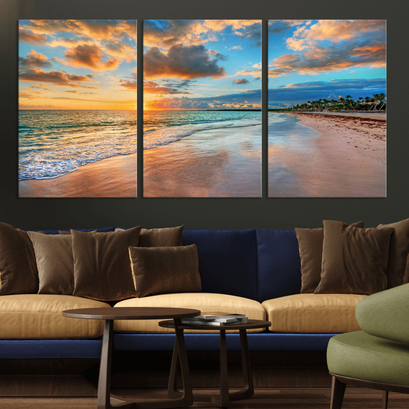 MGV-CV-60X30-3P - Serene Beach Sunset Wall Art | Coastal Ocean Canvas Print | Ready to Hang Tropical Decor for Home or
