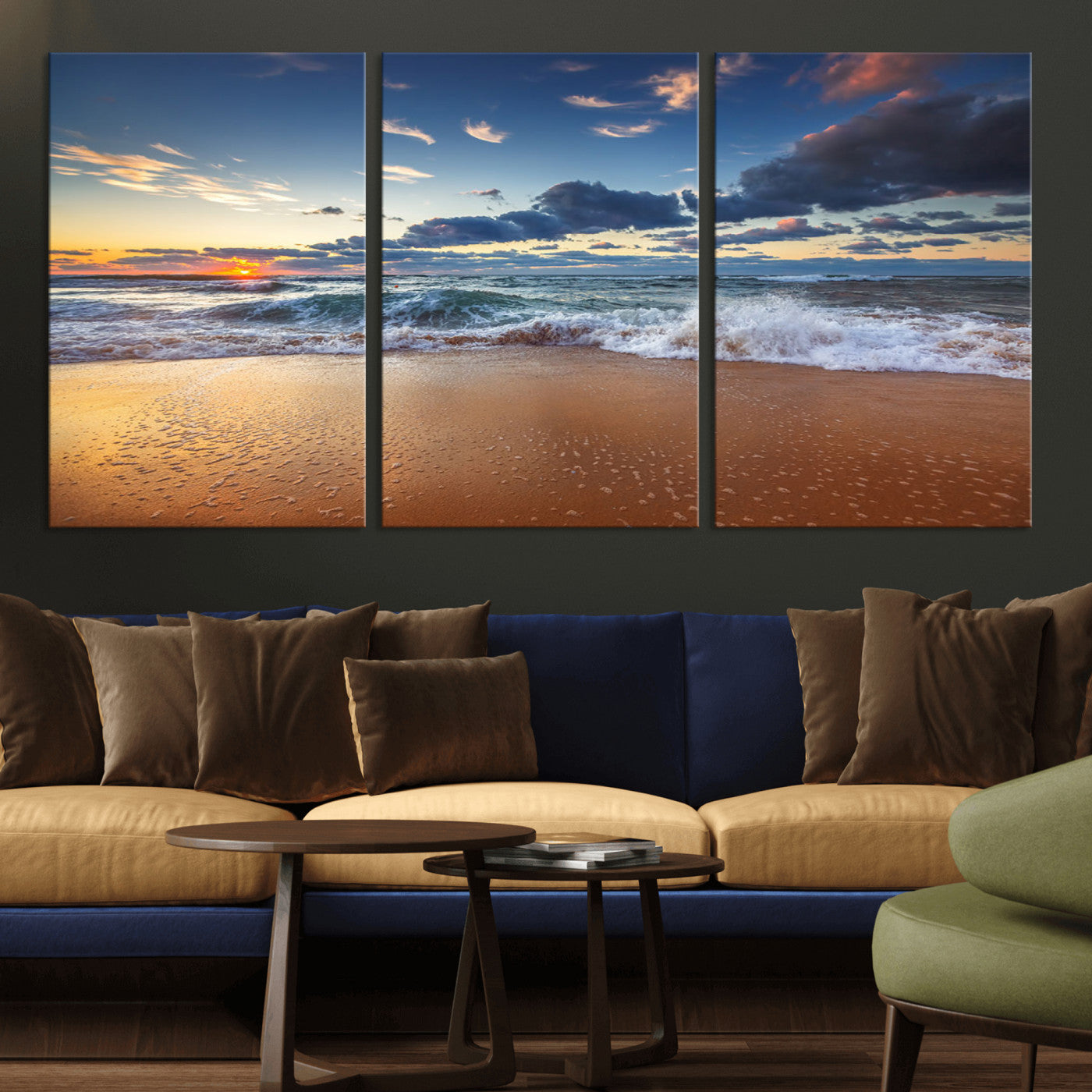 MGV-CV-60X30-3P - Beach Canvas Wall Art - Coastal Seascape Print for Living Room or Bedroom, Ocean Waves on Sand,