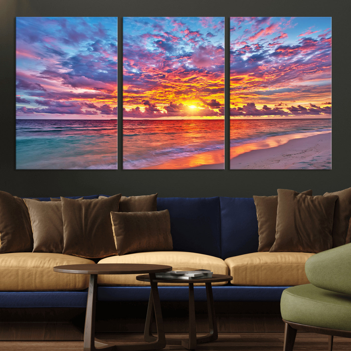 MGV-CV-60X30-3P - Vibrant Sunset Beach Wall Art - Ocean Sunset Canvas Print | Coastal Wall Art Decor Stunning Sunset