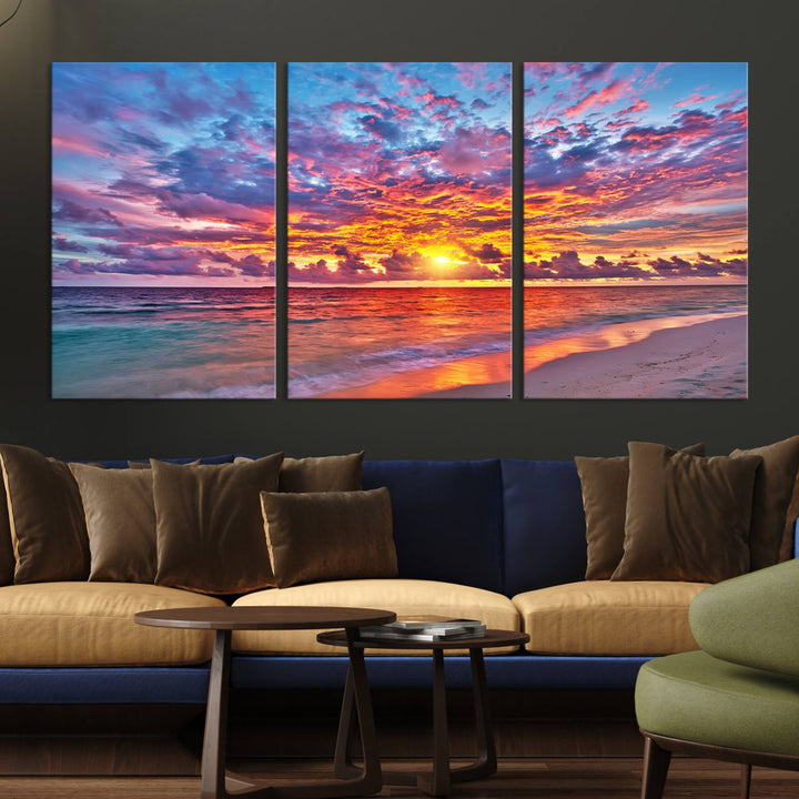 Vibrant Sunset Beach Wall Art | Ocean Sunset Canvas Print | Coastal Wall Art Decor | Ready to Hang | Stunning Sunset Scene for Home or Office Decor