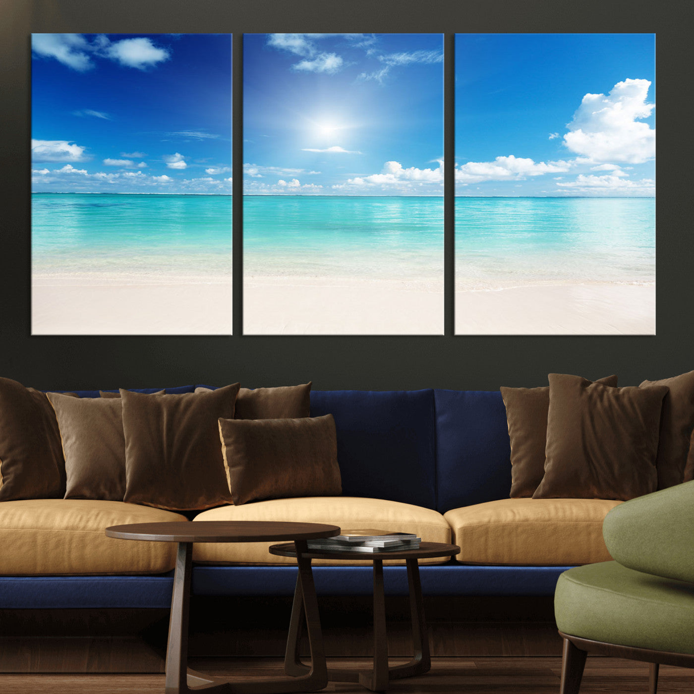 MGV-CV-60X30-3P - Blue Ocean Wall Art Canvas Print - Tranquil Ocean Paradise Triptych Wall Art - Ready to Hang Beach