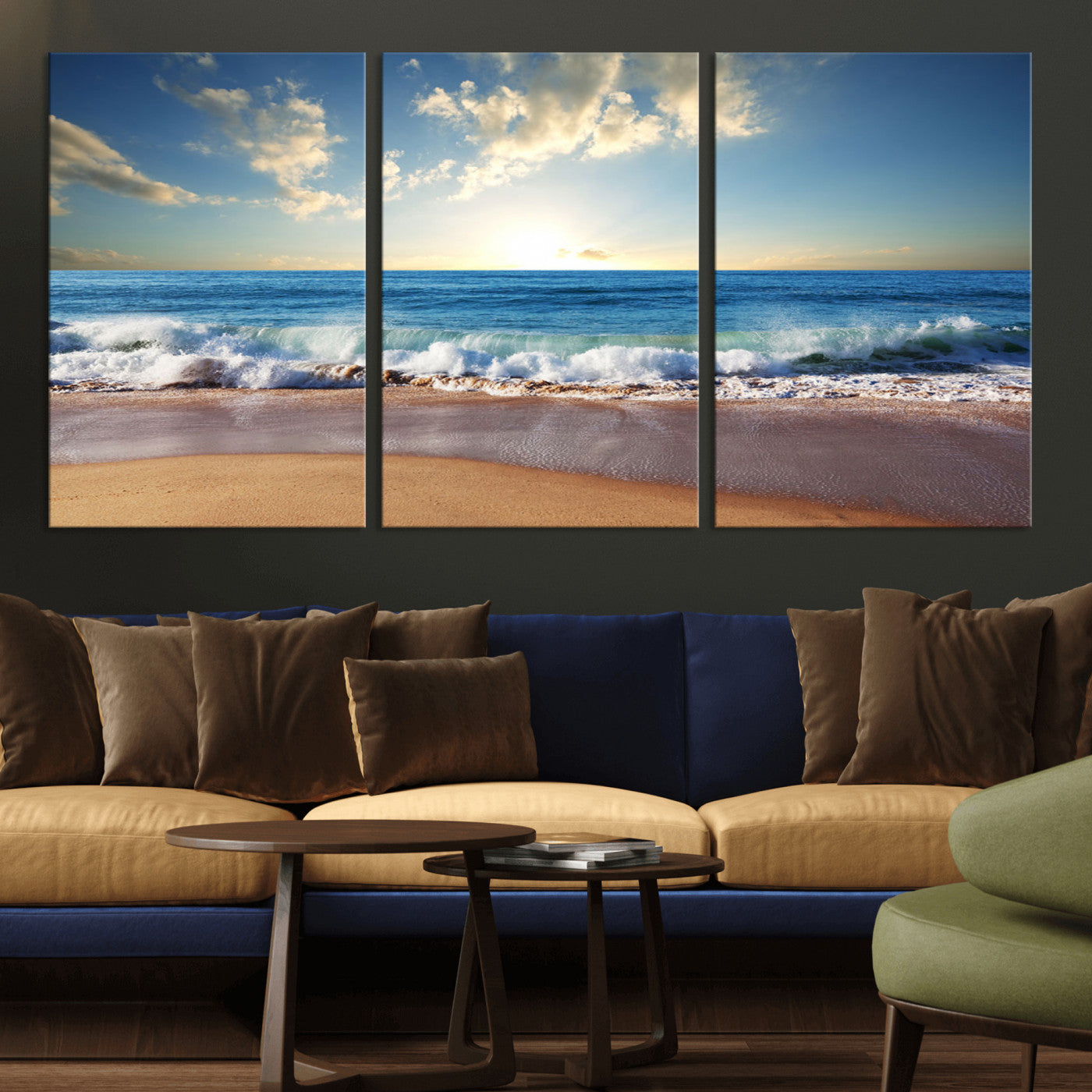 MGV-CV-60X30-3P - Serene Ocean Sunset Canvas Wall Art - Beach Waves at Sunset, Ready to Hang