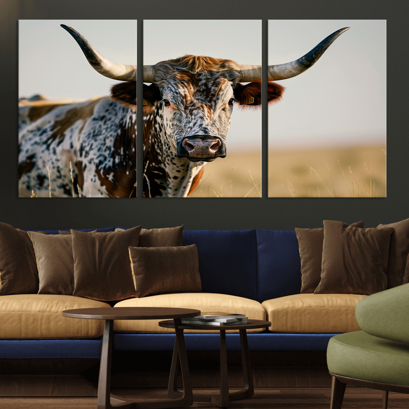 MGV-CV-60X30-3P - Texas Bull Longhorn Wall Art Canvas Print for Farm House Wall Decor, Farmhouse Wall Art Print