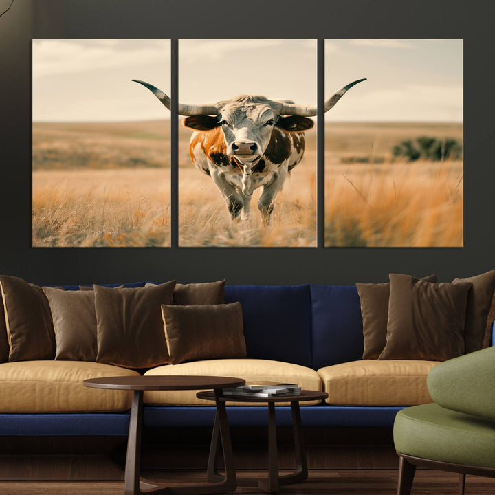 The Texas Cow Longhorn Wall Art Canvas adds rustic charm to the decor.