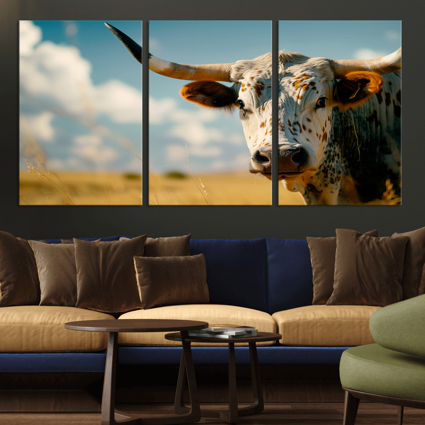MGV-CV-60X30-3P - Longhorn in the Prairie - Stunning Ranch-Style Triptych Wall Art for Western Home Decor, Cowboy Wall
