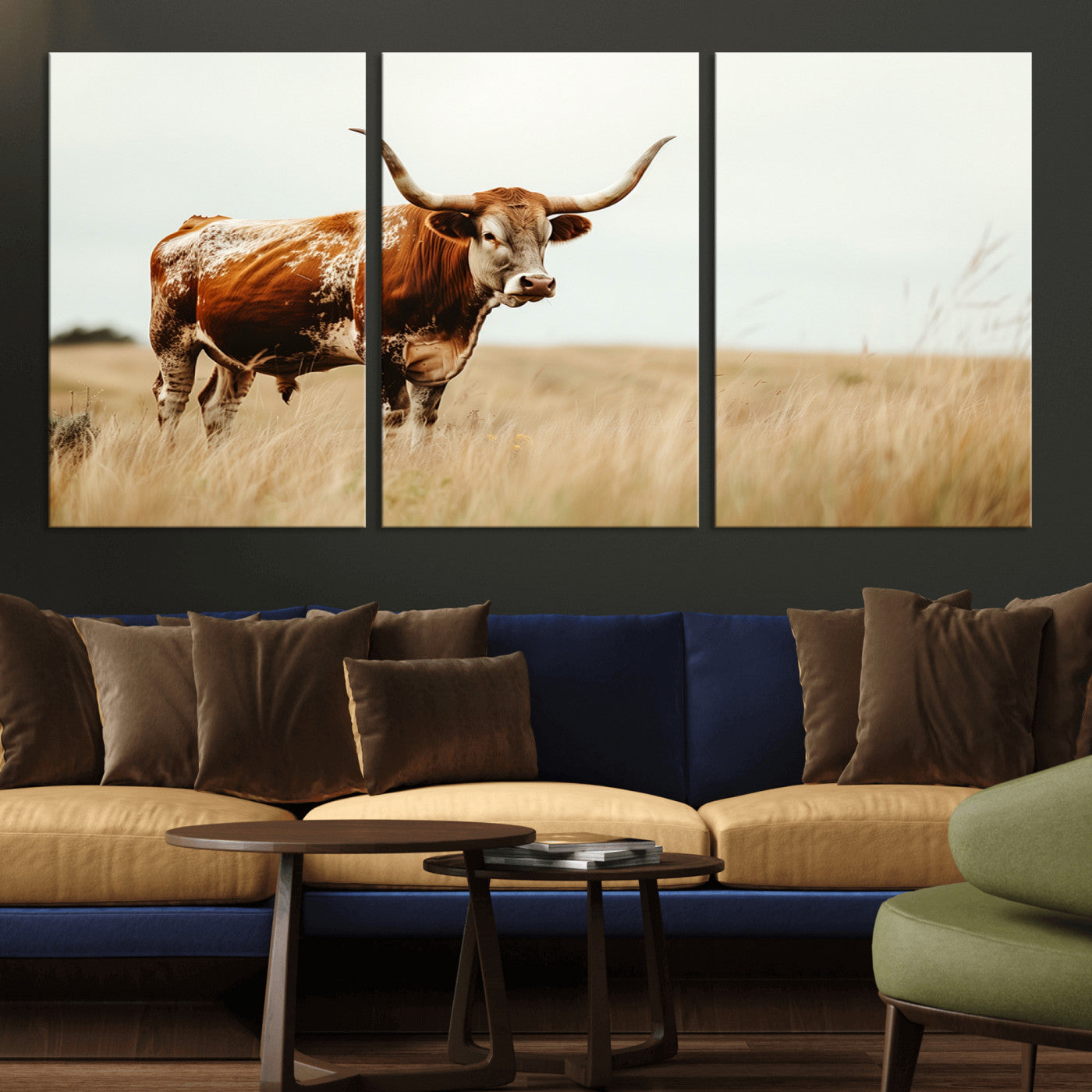MGV-CV-60X30-3P - Texas Longhorn Canvas Wall Art Print – Majestic Western Cattle in Rustic Farmhouse Decor – Cow Wall