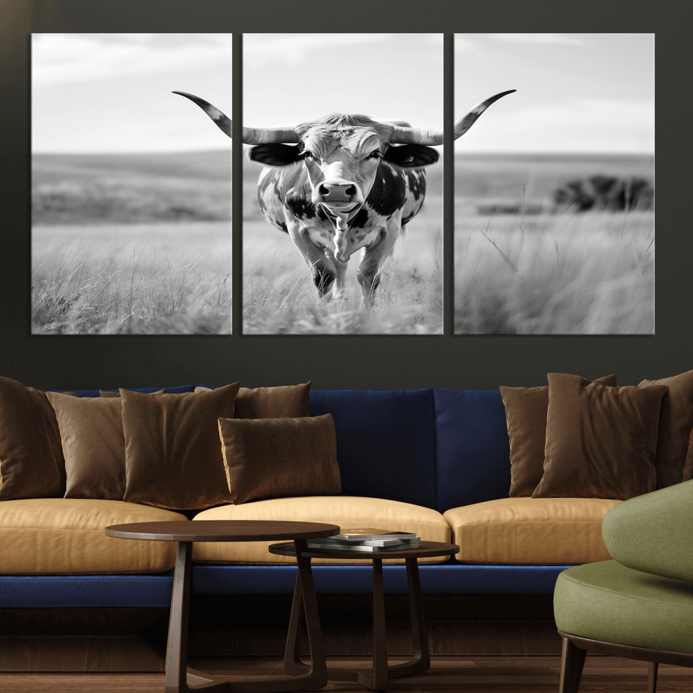 MGV-CV-60X30-3P - Texas Cow Longhorn Wall Art Canvas Print for Farm House Wall Decor, Farmhouse Wall Art Print
