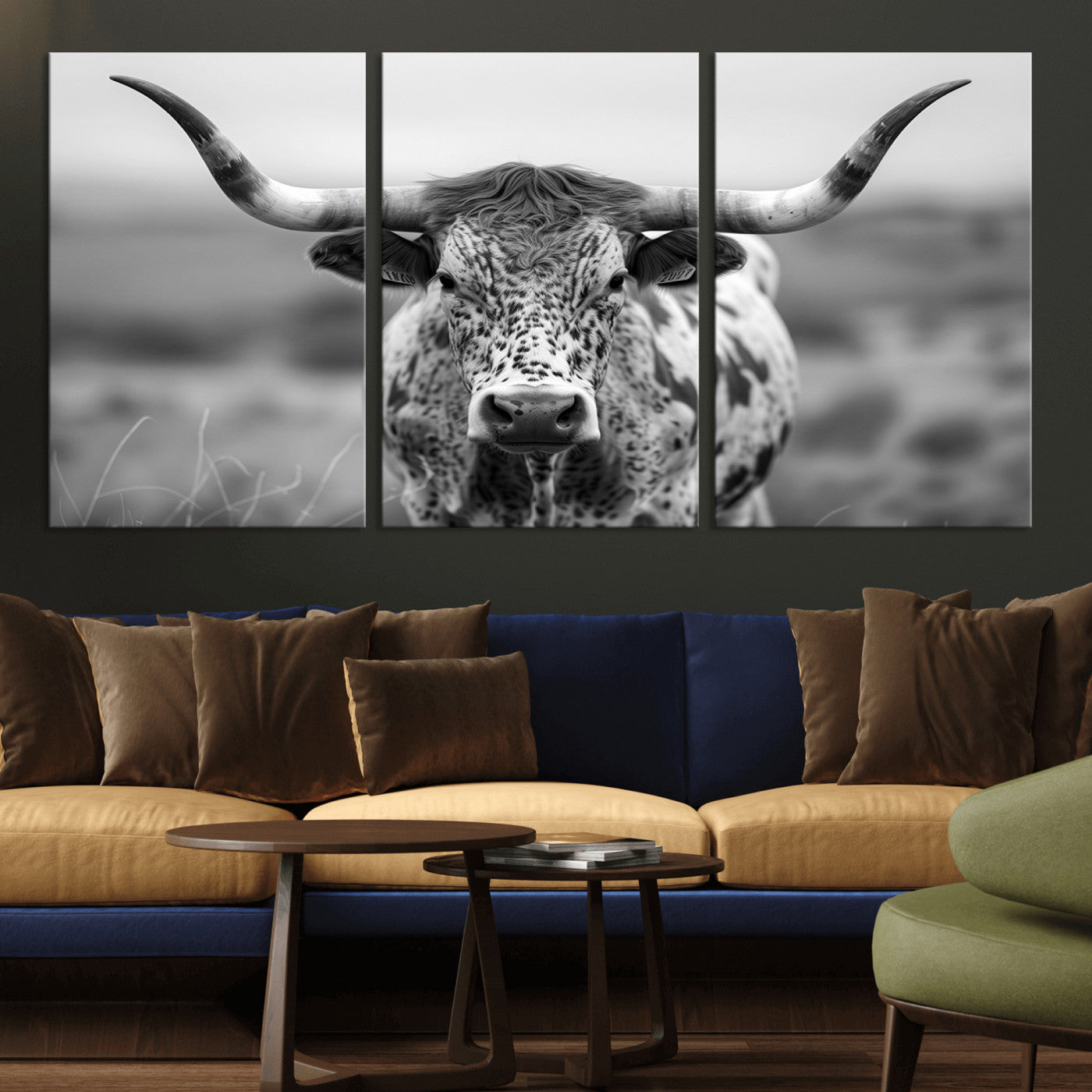 MGV-CV-60X30-3P - Texas Cow Longhorn Wall Art Canvas Print for Farm House Wall Decor, Farmhouse Wall Art Print