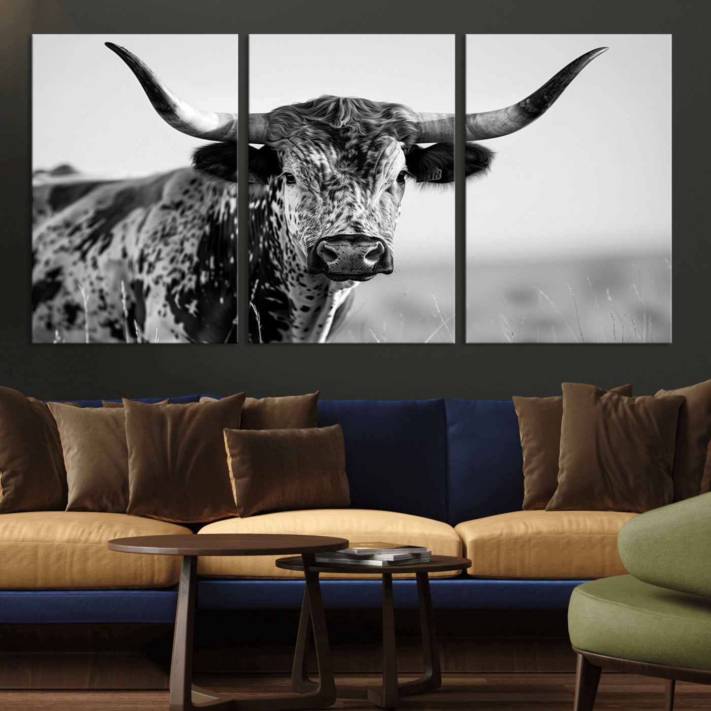 MGV-CV-60X30-3P - Texas Highland Cow Longhorn Canvas Print - Rustic Farmhouse Wall Art - Large Texas Longhorn