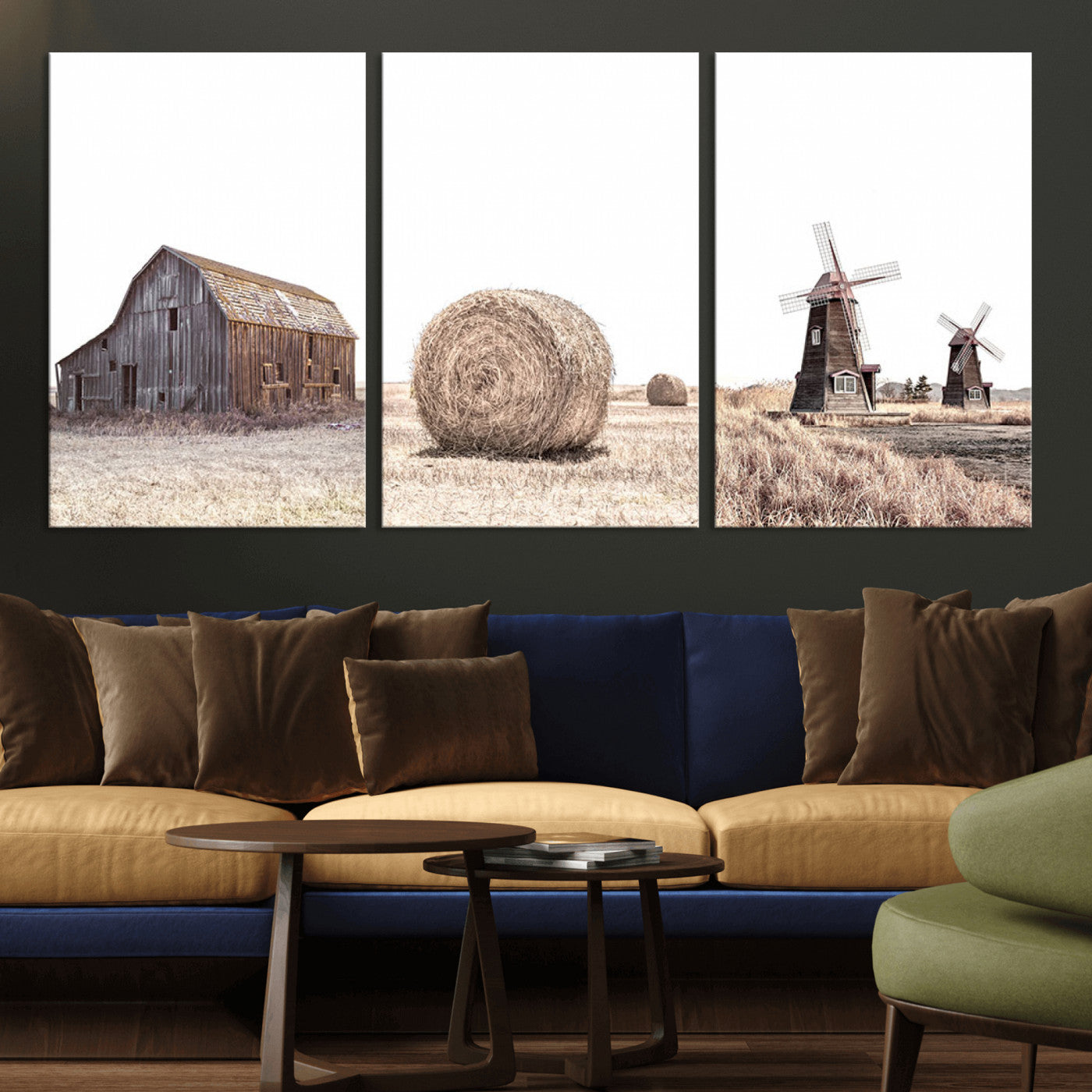 MGV-CV-60X30-3P - Farm Prints Set, Set of 3 Farmhouse Wall Art, Country House Decor, Barn Print, Wheat Print,