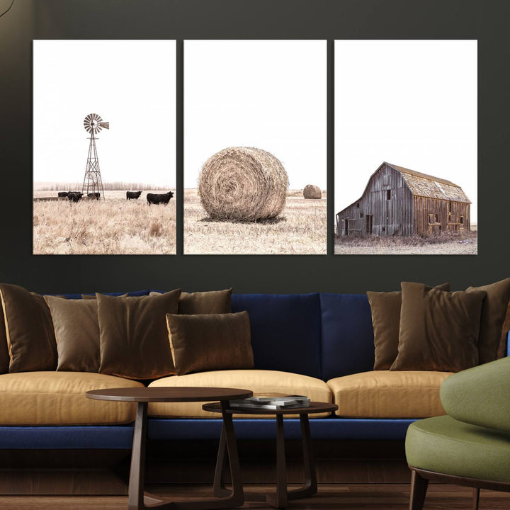 Above the couch, a Rustic Farmhouse Wall Art set depicts a barn and wheat field.