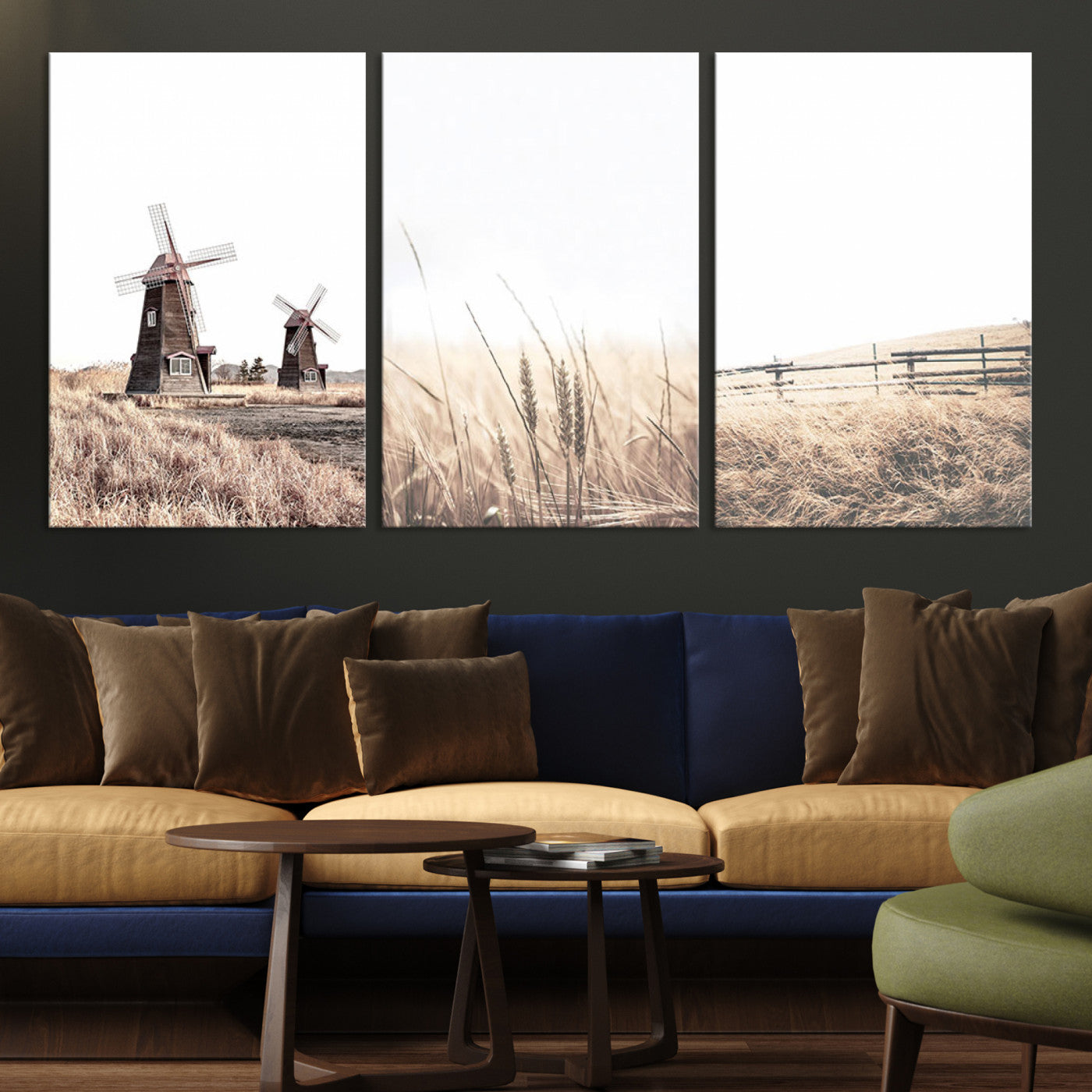 56649-MGV-CV-60X30-3P-Farm Prints Set, Farmhouse Wall Art Canvas, Country House Decor, Country House Decor, Barn Print, Wheat Print