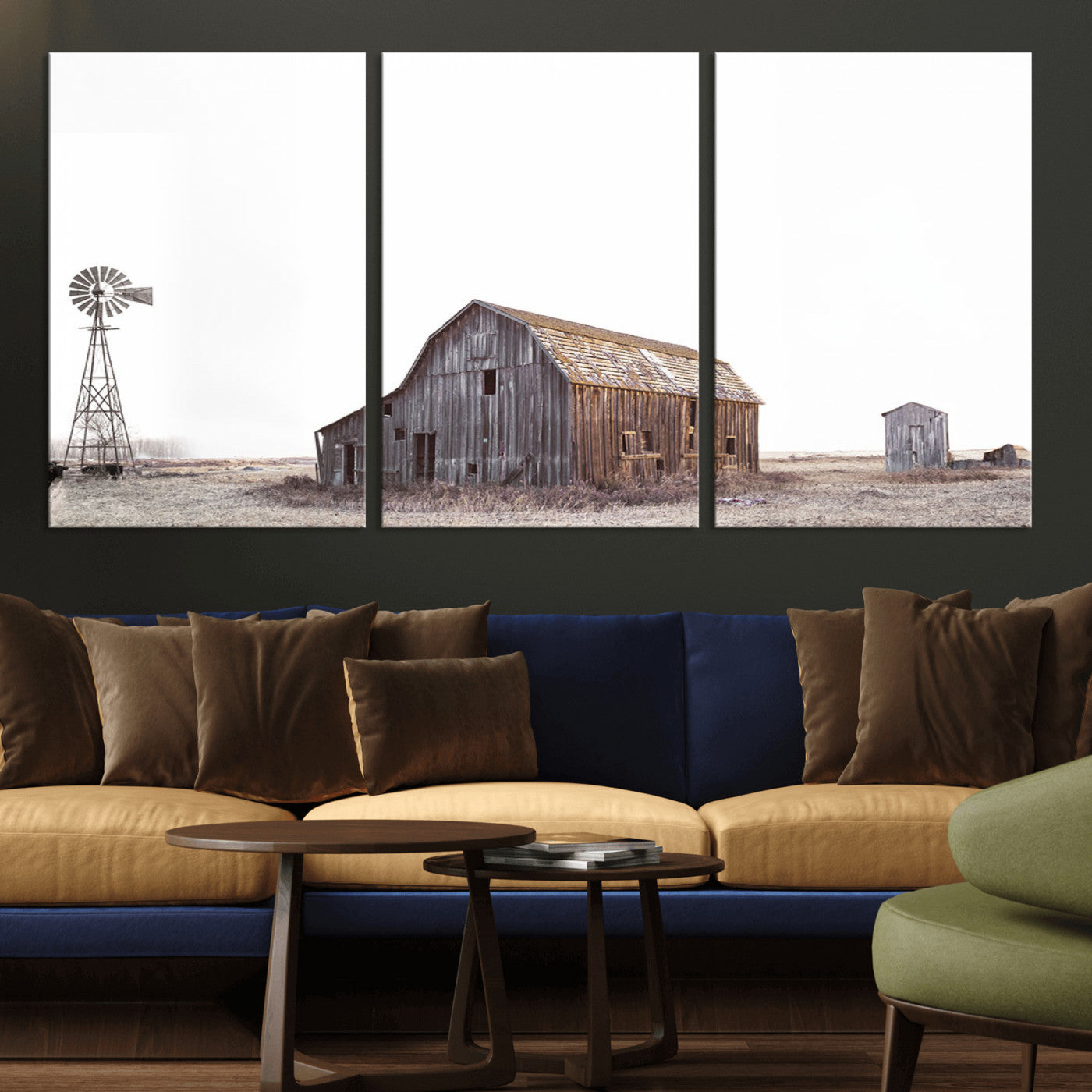 -Set of 3 Rustic Farmhouse Wall Art Prints – Country Barn, Wheat Field, and Farm Landscape for Cozy