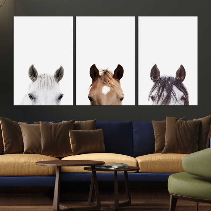 Horse Prints Set, Set of 3 Horse Wall Art, Horses Portraits, Farmhouse Wall Art, Farm Animals Canvas, Animals Portraits Set, Horse Poster