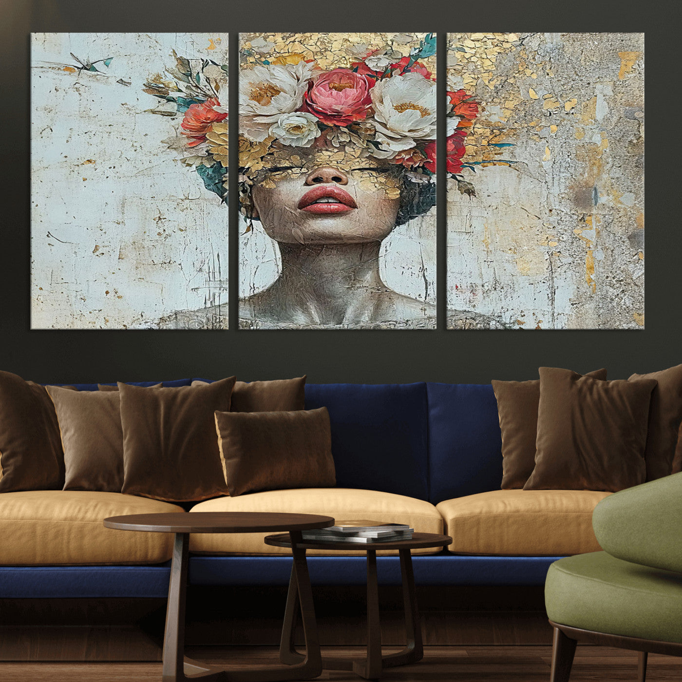 MGV-CV-60X30-3P - Golden Petal Wall Art Canvas Print - Silhouette Woman Wall Art Canvas Print, Floral Woman Portrait