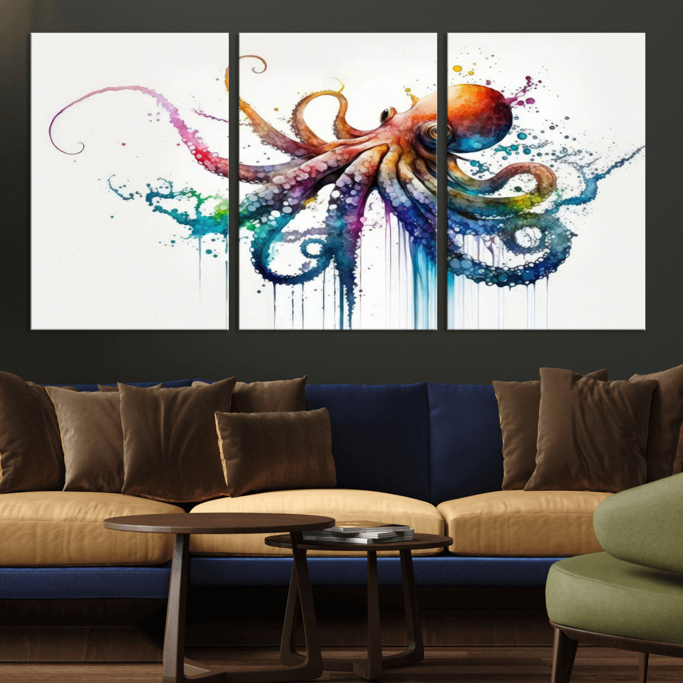 MGV-CV-60X30-3P - Watercolor Vibrant Octopus Wall Art Canvas Print | Abstract Sea Life Art | Colorful Marine Creature