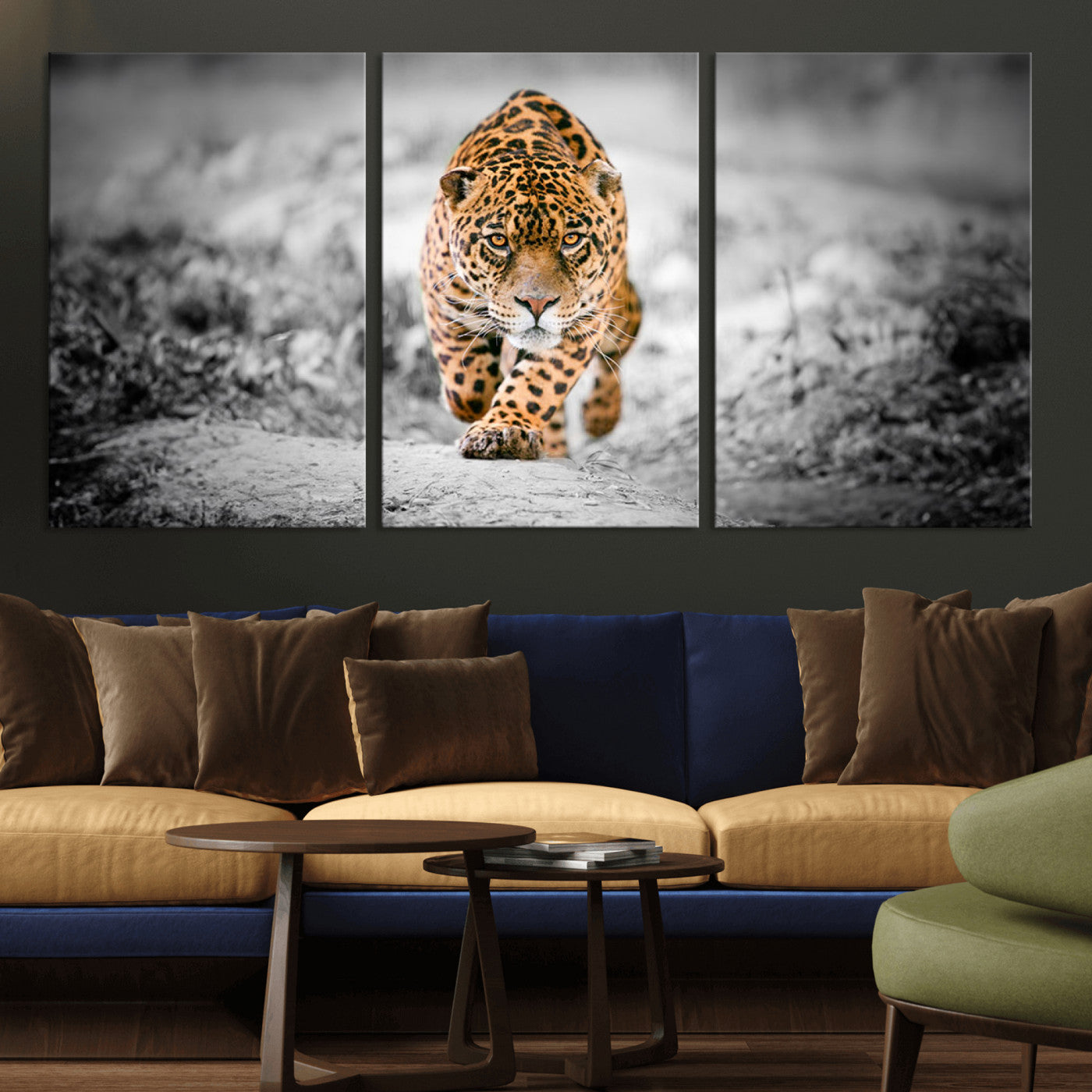 MGV-CV-60X30-3P - Jaguar Wall Art Canvas Print - Majestic Big Cat in Focused Pursuit - Ready to Hang